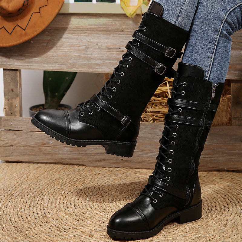 Vintage-Kampfstiefel für Damen mit Schnürsenkeln und Schnalle
