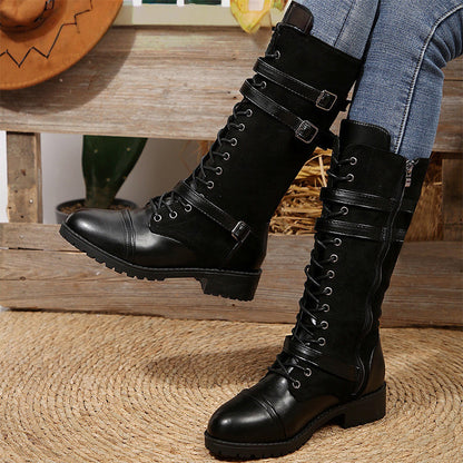 Vintage-Kampfstiefel für Damen mit Schnürsenkeln und Schnalle
