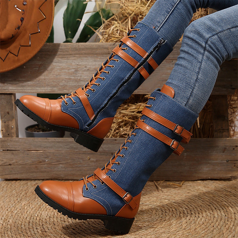 Vintage-Kampfstiefel für Damen mit Schnürsenkeln und Schnalle