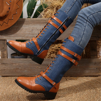 Vintage-Kampfstiefel für Damen mit Schnürsenkeln und Schnalle