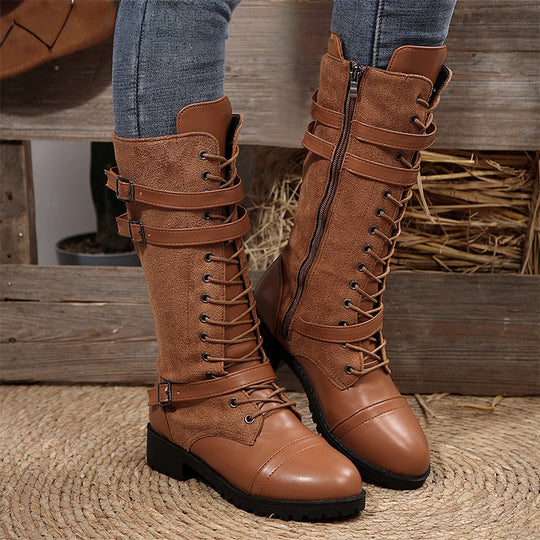 Vintage-Kampfstiefel für Damen mit Schnürsenkeln und Schnalle