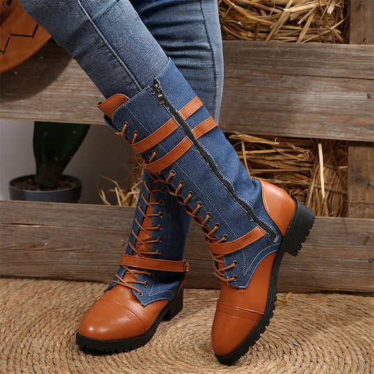 Vintage-Kampfstiefel für Damen mit Schnürsenkeln und Schnalle