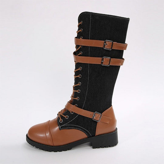 Vintage-Kampfstiefel für Damen mit Schnürsenkeln und Schnalle