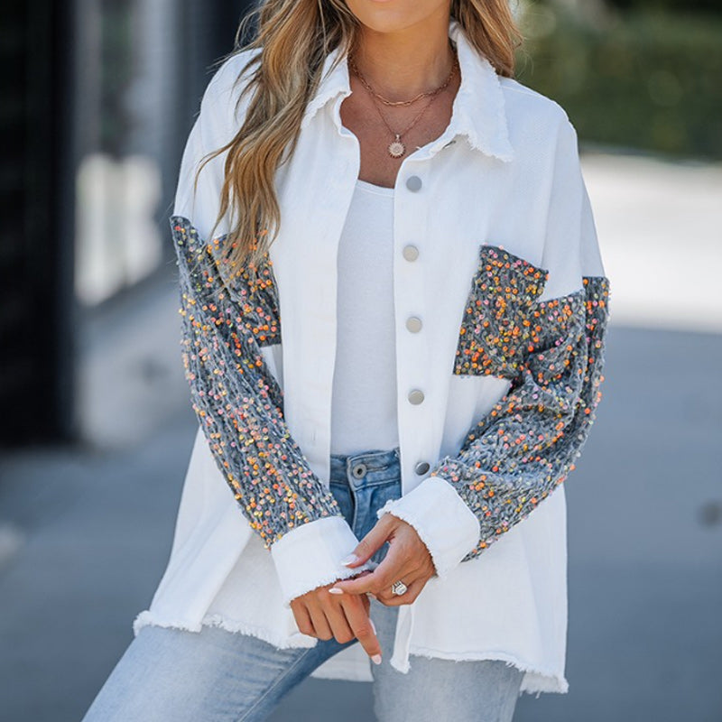 🎨Trendy Pailletten-Patchwork-Mantel mit offenem Saum für Damen