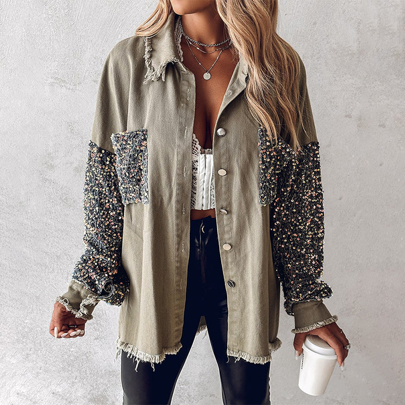 🎨Trendy Pailletten-Patchwork-Mantel mit offenem Saum für Damen