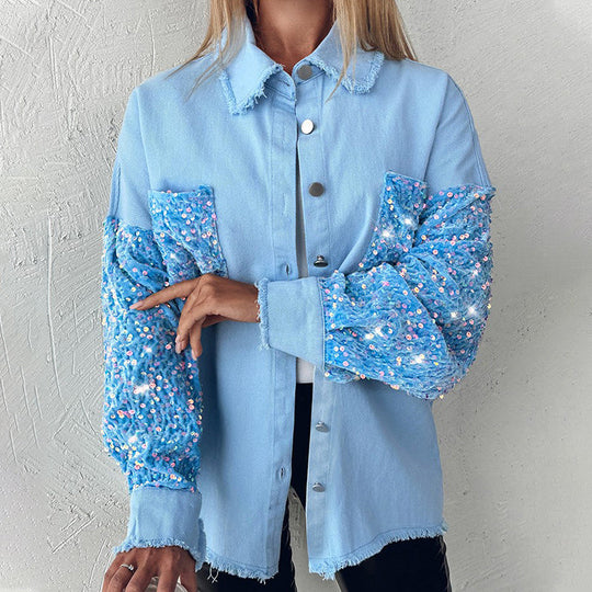 🎨Trendy Pailletten-Patchwork-Mantel mit offenem Saum für Damen
