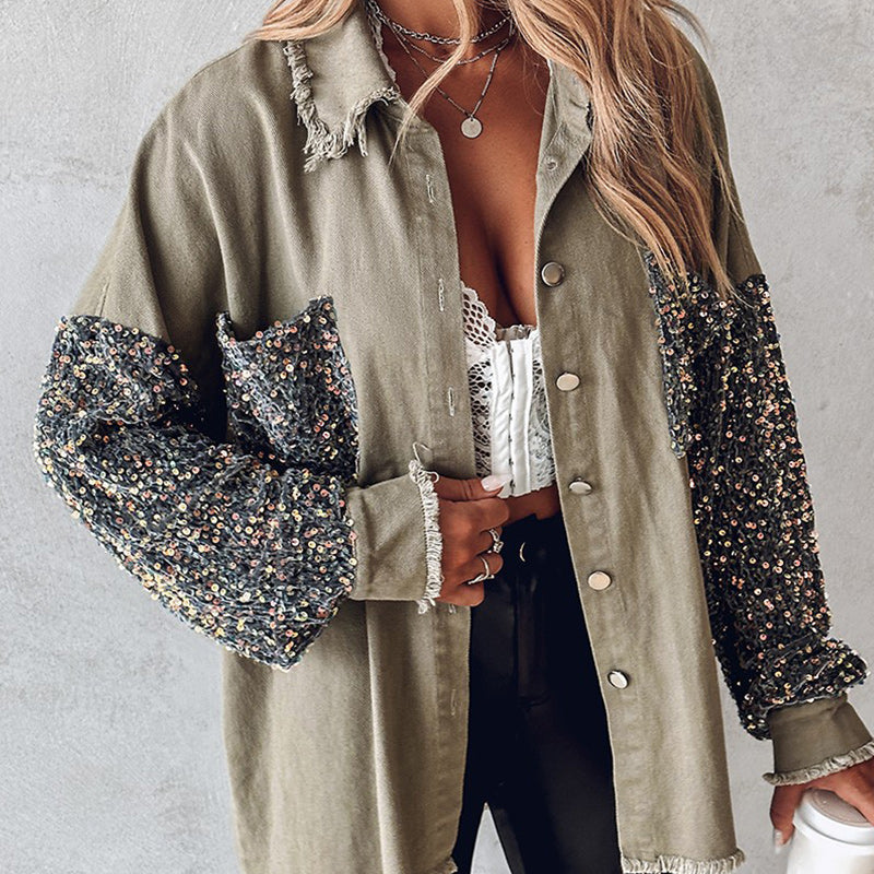 🎨Trendy Pailletten-Patchwork-Mantel mit offenem Saum für Damen