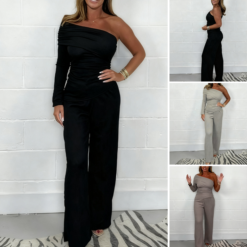 Modischer Damen-Zweiteiler: One-Shoulder-Top & Hose mit weitem Bein