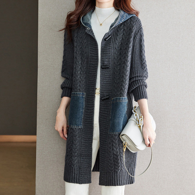 🔥Solange der Vorrat reicht 40 % Rabatt!🎉Strickmantel mit Knopfdetails und Patchwork