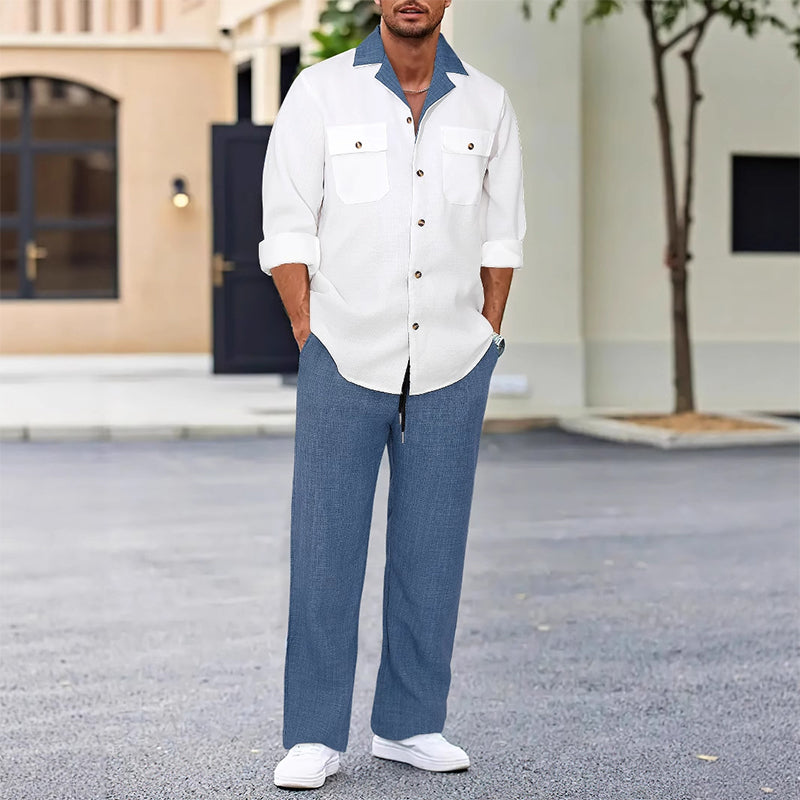 Herren Freizeit--Zweiteiler: Langarmhemd mit Revers & Hose