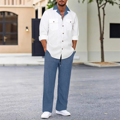 Herren Freizeit--Zweiteiler: Langarmhemd mit Revers & Hose