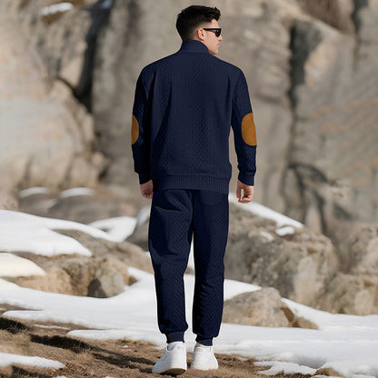 🔥Kostenloser Versand 🔥Lässiges Jacquard-Oberteil mit Stehkragen und Hose mit elastischen Bündchen