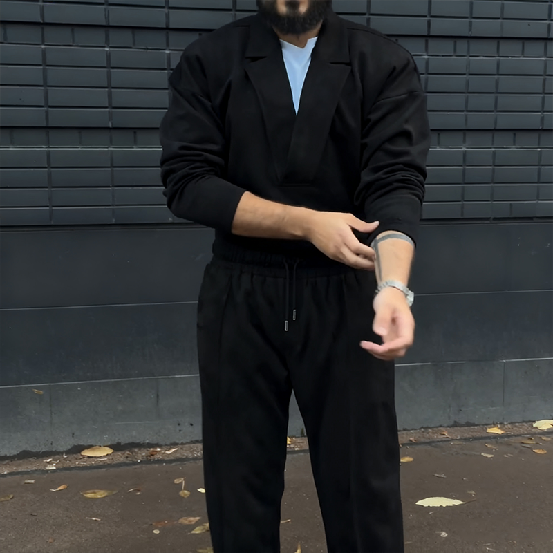 Lässiges Herren-Set: Oberteil mit Reverskragen und Hose mit Kordelzug（Kostenloser Versand）