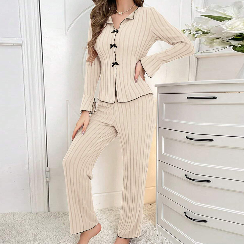 🔥Zeitlich begrenzter Tiefstpreis⚡Gestreifte Strick-Pyjama-Sets für Damen mit Reverskragen und Schleifen