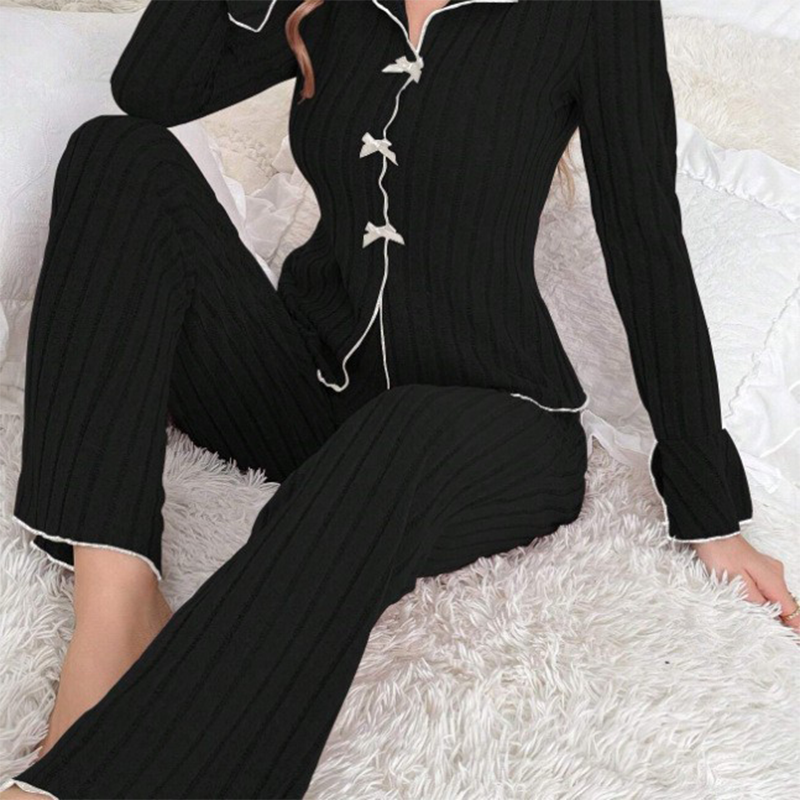🔥Zeitlich begrenzter Tiefstpreis⚡Gestreifte Strick-Pyjama-Sets für Damen mit Reverskragen und Schleifen