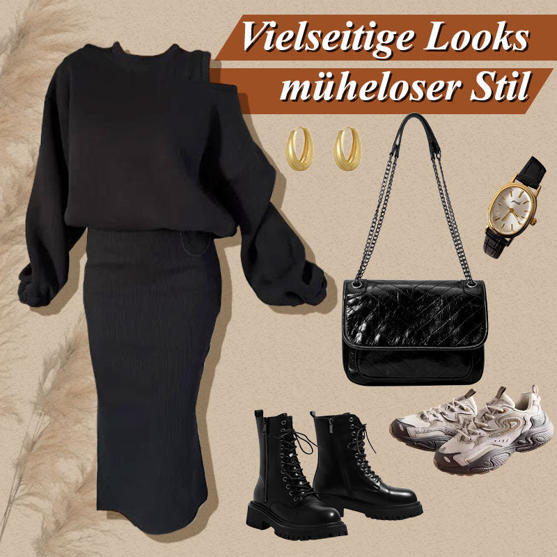 ✨ LETZTER TAG VERKAUF 50% RABATT ✨Damen-Set mit Sweatshirt mit schrägen Schultern und ärmellosem Kleid