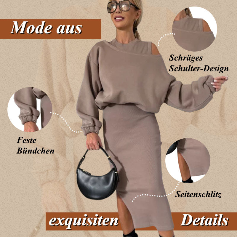 ✨ LETZTER TAG VERKAUF 50% RABATT ✨Damen-Set mit Sweatshirt mit schrägen Schultern und ärmellosem Kleid