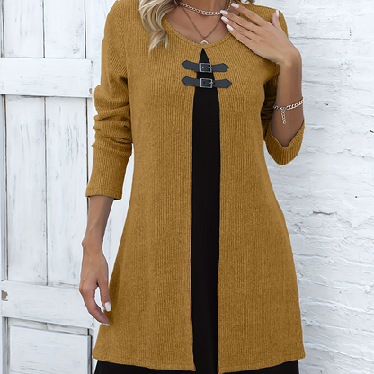 💃🌸Damenkleid in A-Linie, knielang, mit angedeutetem Zweiteiler-Look