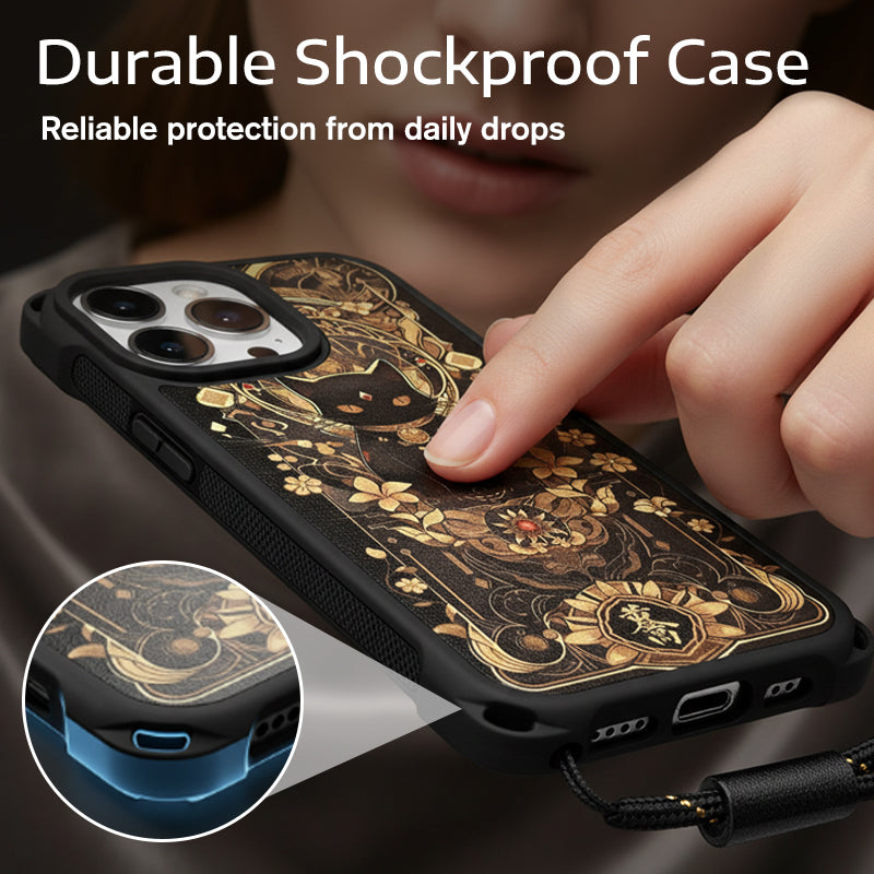 Handyhülle mit schwarzem Katzen- und Goldmuster Hülle für iPhone🎁KOSTENLOSES Umhängeband