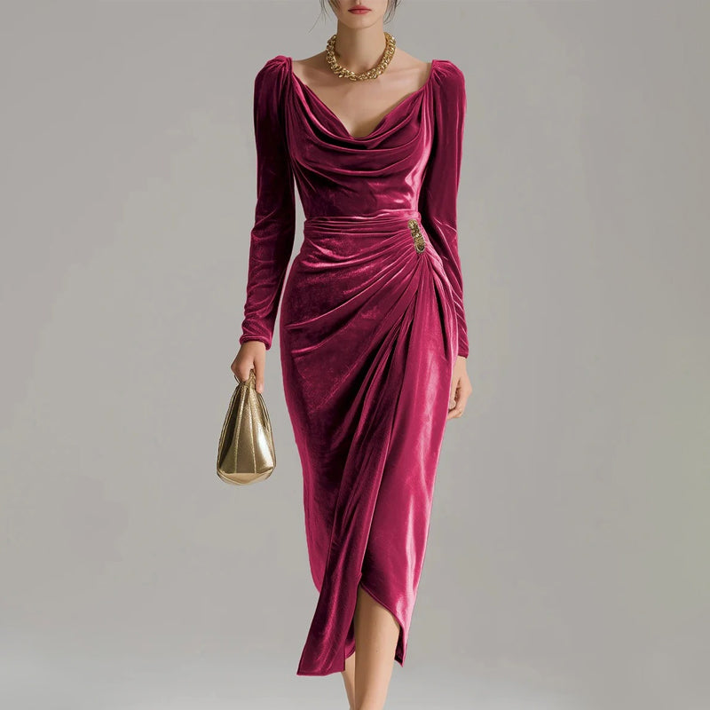 💖Black-Friday-Mega-Angebot – 50 % Rabatt!💖Velours-Schlupfkleid mit Schlitzen | Figurbetont &amp; Elegant | Mit Langen Ärmeln und Raffungen
