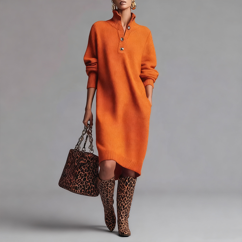 Damen geripptes Strickkleid mit Hemdkragen und Knopfleiste