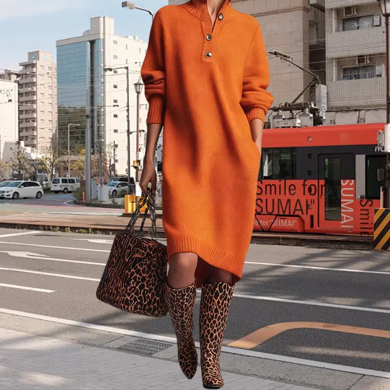 Damen geripptes Strickkleid mit Hemdkragen und Knopfleiste