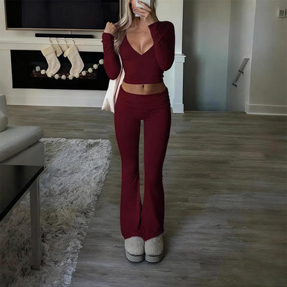 Women's 2-Piece Long Sleeve Crop Top & Flare Pants Set
