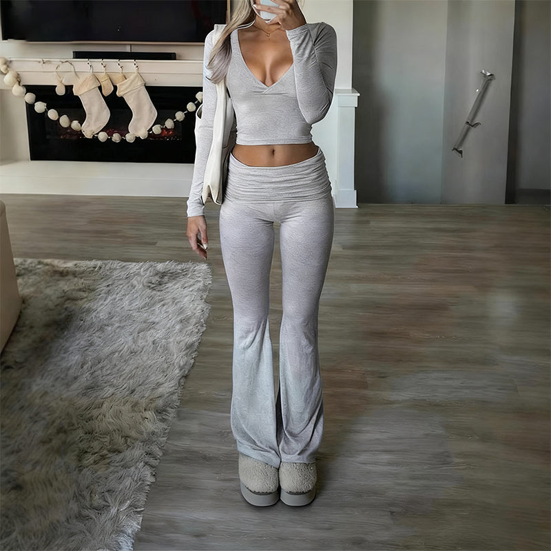 Women's 2-Piece Long Sleeve Crop Top & Flare Pants Set
