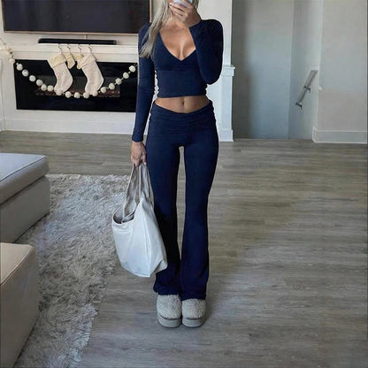 Women's 2-Piece Long Sleeve Crop Top & Flare Pants Set