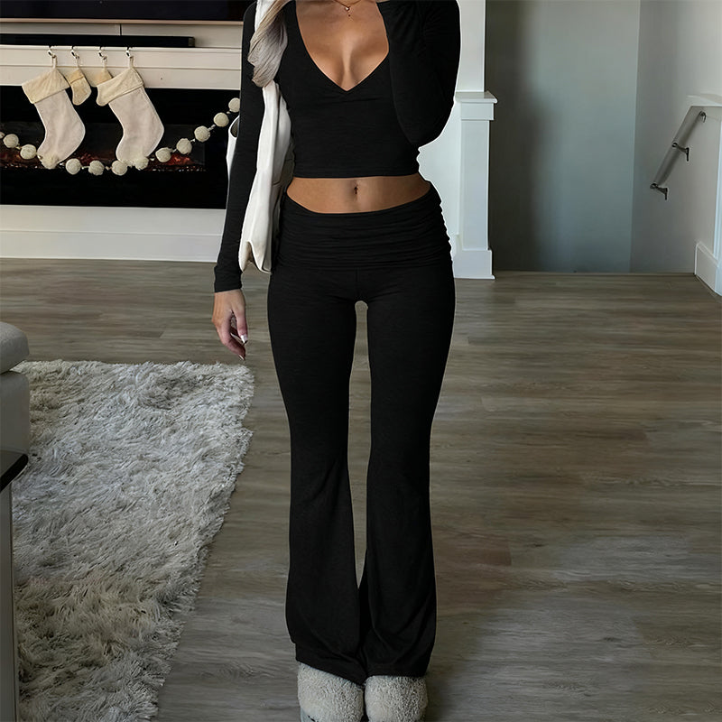 Women's 2-Piece Long Sleeve Crop Top & Flare Pants Set