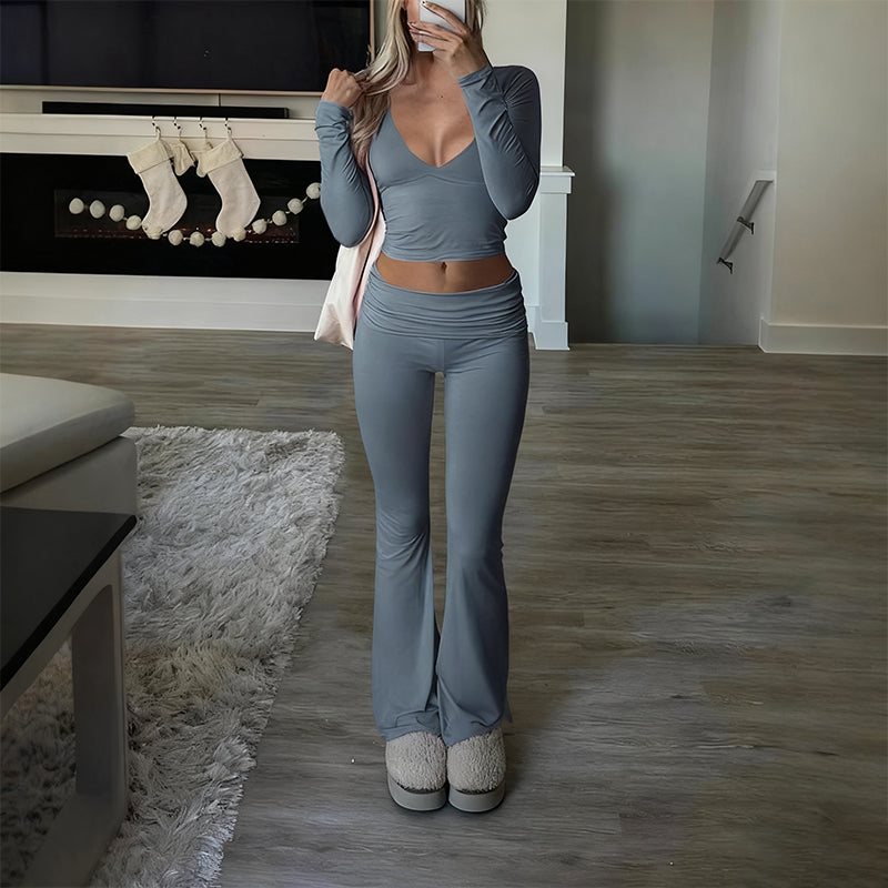 Women's 2-Piece Long Sleeve Crop Top & Flare Pants Set