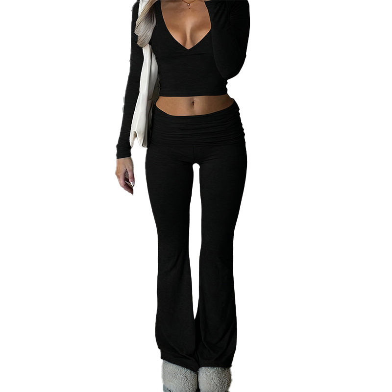 Women's 2-Piece Long Sleeve Crop Top & Flare Pants Set