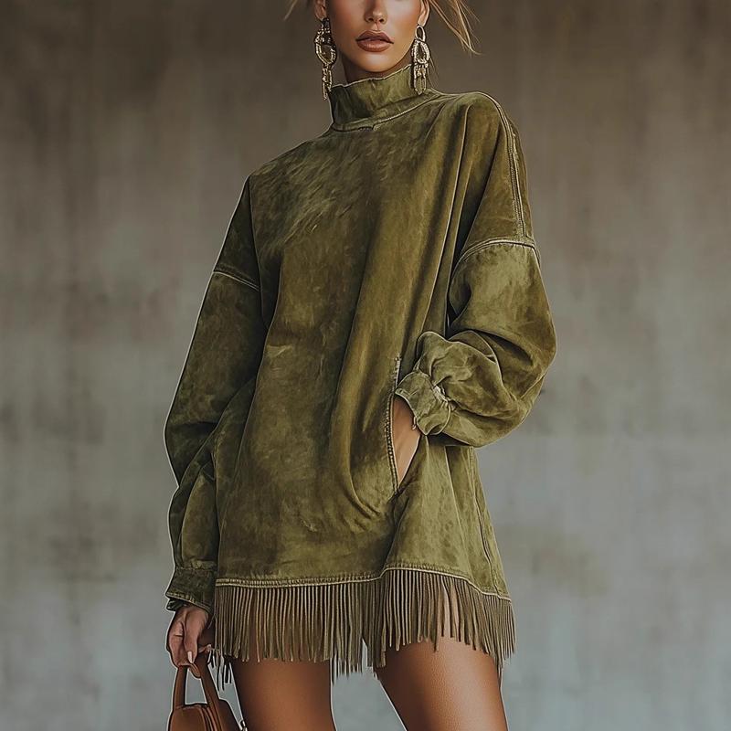 Casual Turtleneck Pocket Dress with Tassel Hem
