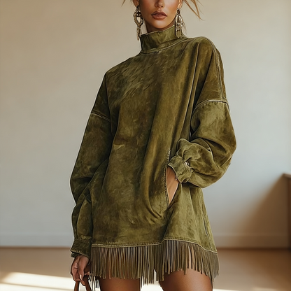 Casual Turtleneck Pocket Dress with Tassel Hem