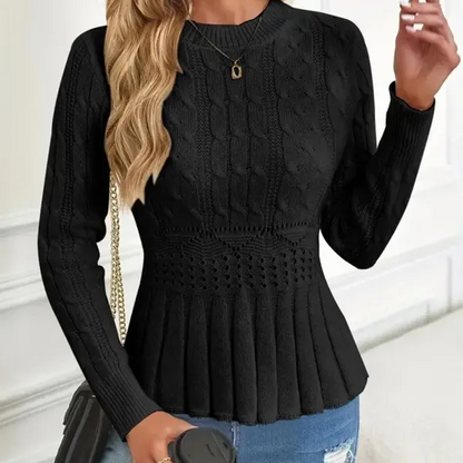 Damen Pullover mit grobem Strick, Rundhalsausschnitt und Peplum-Saum