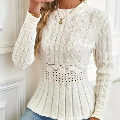 Damen Pullover mit grobem Strick, Rundhalsausschnitt und Peplum-Saum
