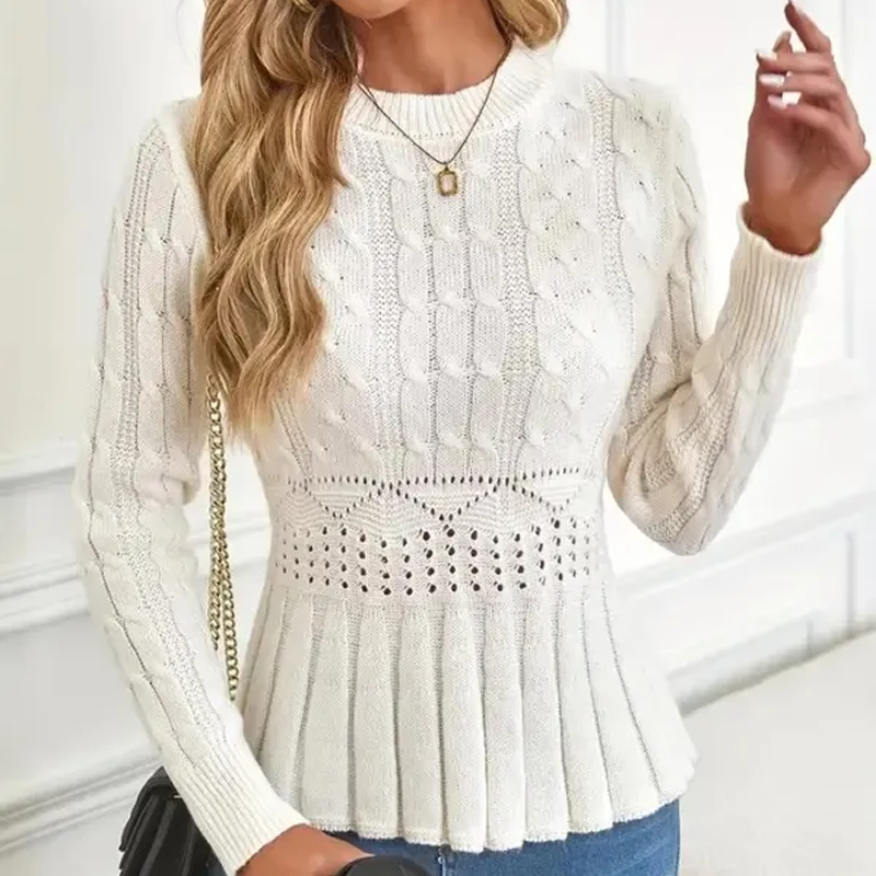 Damen Pullover mit grobem Strick, Rundhalsausschnitt und Peplum-Saum