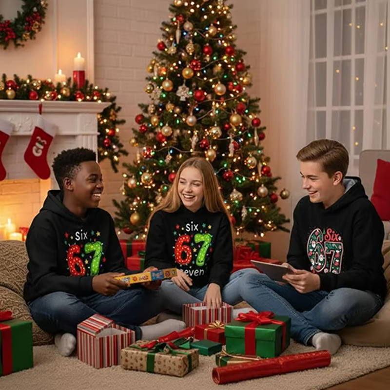 Kinder Weihnachts-Kapuzenpullover mit „67“ Grafik-Print