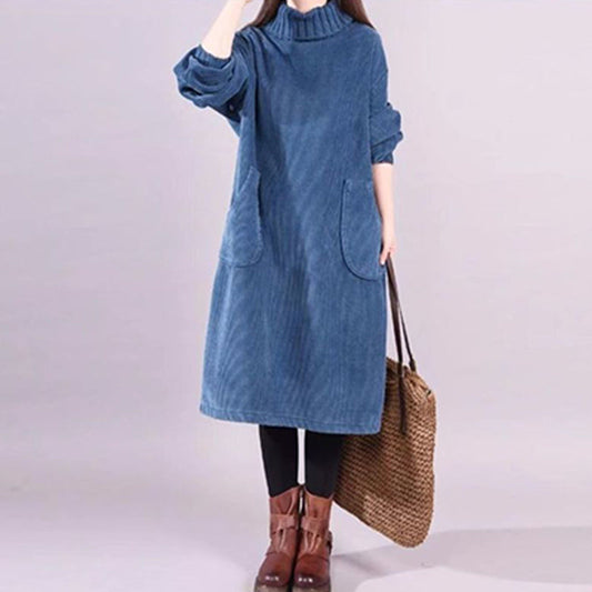 ✨🎅Weihnachtsangebote – Nur für kurze Zeit!⏰Hochgeschlossenes, lockeres Maxikleid aus Cord für Damen