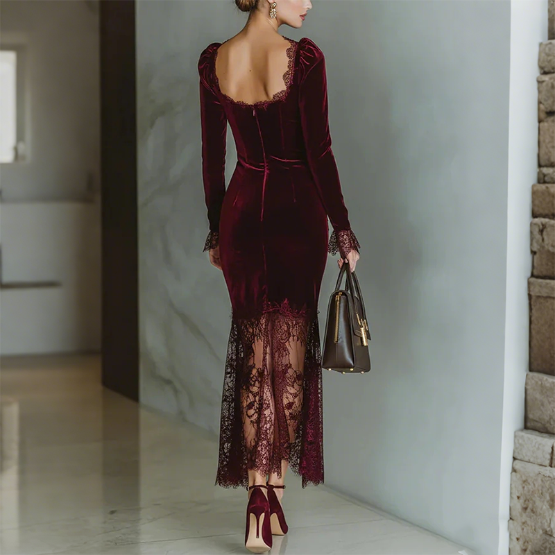 Damenkleid mit quadratischem Ausschnitt und Spitzenverzierung