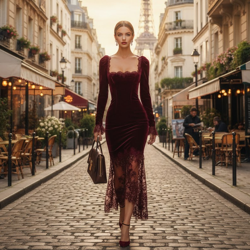 Damenkleid mit quadratischem Ausschnitt und Spitzenverzierung