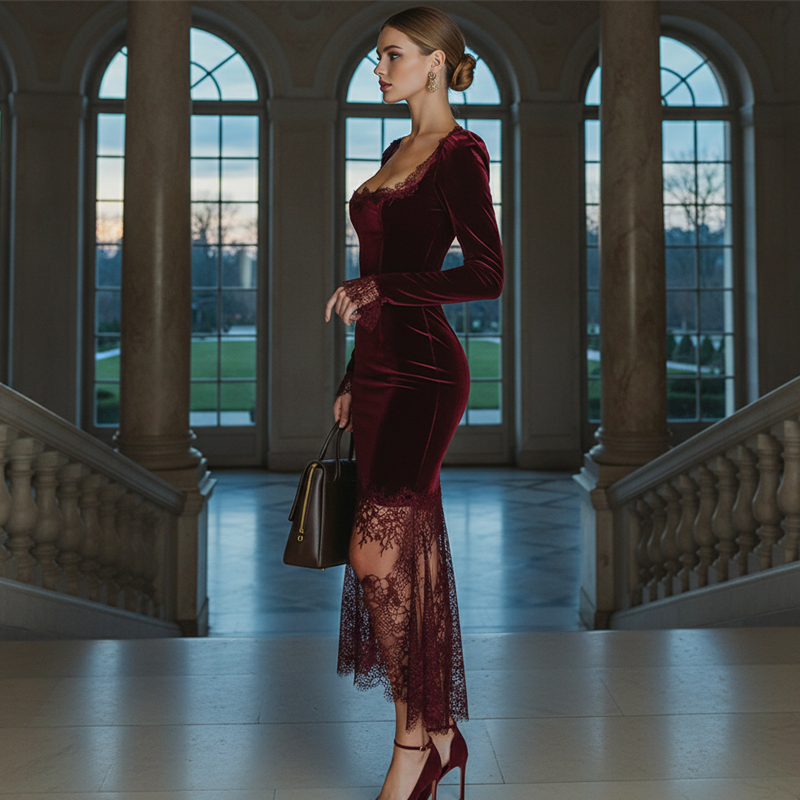 Damenkleid mit quadratischem Ausschnitt und Spitzenverzierung