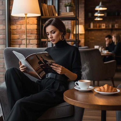 Eleganter Damen-Zweiteiler: Rollkragen-Shirt & Hose mit hohem Bund