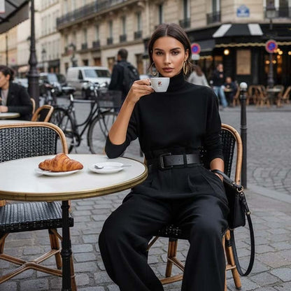 Eleganter Damen-Zweiteiler: Rollkragen-Shirt & Hose mit hohem Bund