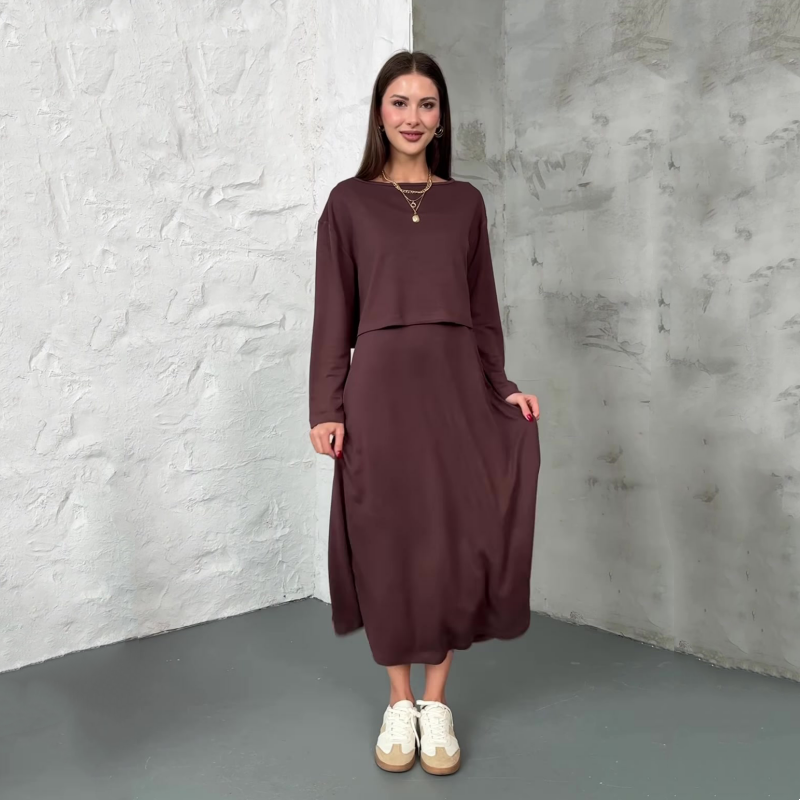 Langärmelige Crop-Tops und ärmellose Kleider für Damen, 2-teiliges Set