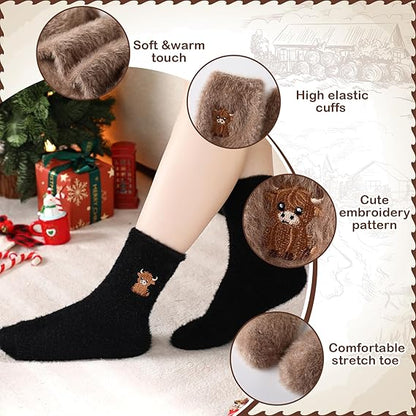 ⏳LETZTER TAG DES SALE 50 % RABATT!🔥Süße, warme Plüschsocken für Damen mit Highland-Kuh-Stickerei