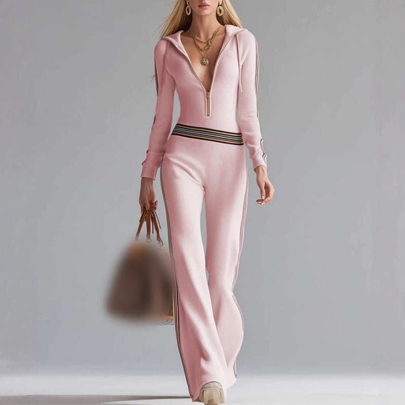 Hose mit Kapuze, V-Ausschnitt und Reißverschluss für Damen