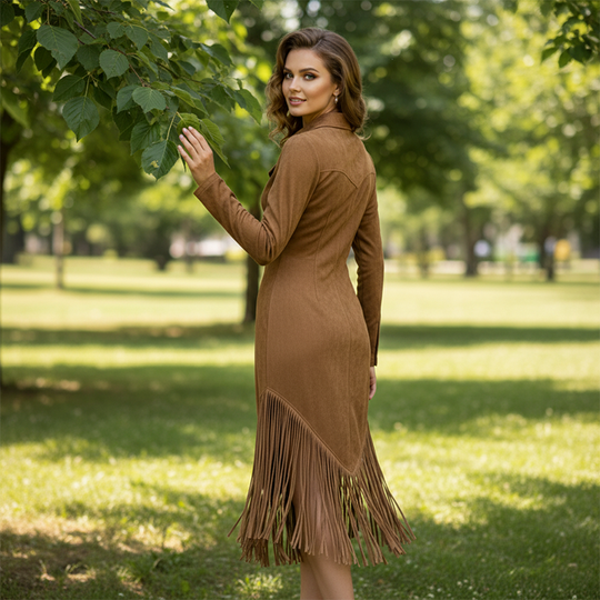 Trending Now⭐👗 Western Fringe Zipper Midi Dress – Body-Contouring Fit &amp; Playful Hem for Effortless Statement Style