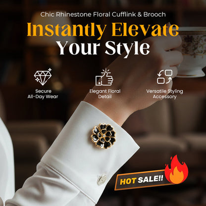 Zweiteiliges Schmuckset: Manschettenknöpfe & Brosche mit Rhinestone-Blütendesign ✨🌷 Vielseitig tragbar – Für festliche Anlässe & elegante Alltagsakzente