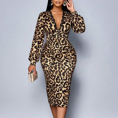 Damen-Spitzen-Leoparden-V-Ausschnitt-Laternenärmel-Mittellanges Kleid